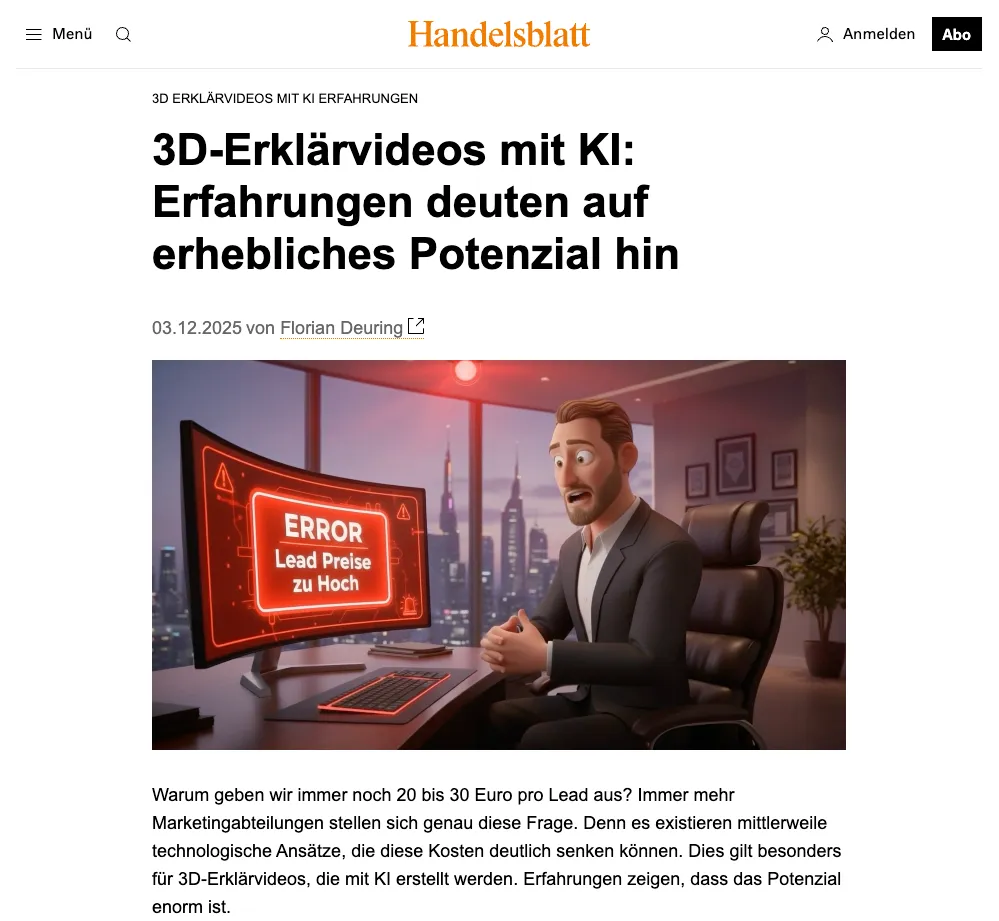 Screenshot des Handelsblatt-Artikels über 3D-Erklärvideos mit KI